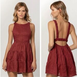 Lusana Linen Mini Dress in Rust Red NEW